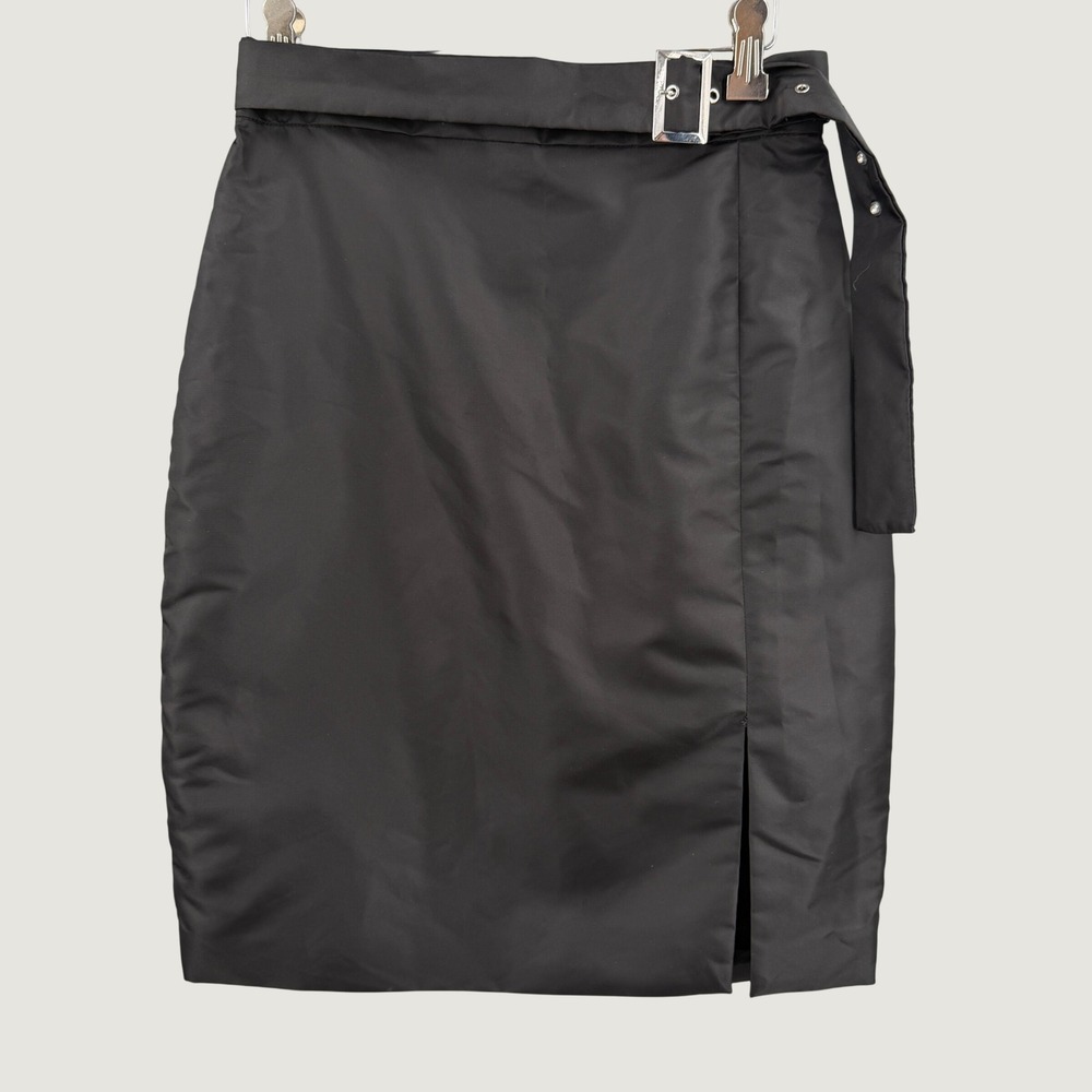 Amanda Uprichard Black Satin Pencil Skirt Small Belted Front Slit Career Party